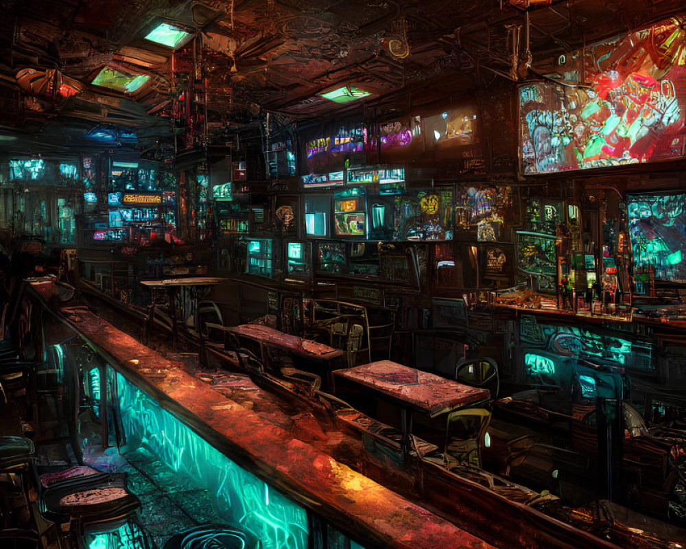 Futuristic cyberpunk bar interior with neon blue accents and empty stools