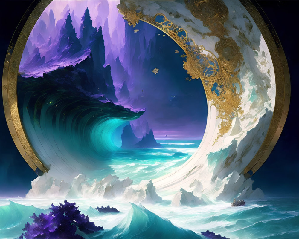 Seascape with crashing waves through golden gate and purple cliffs