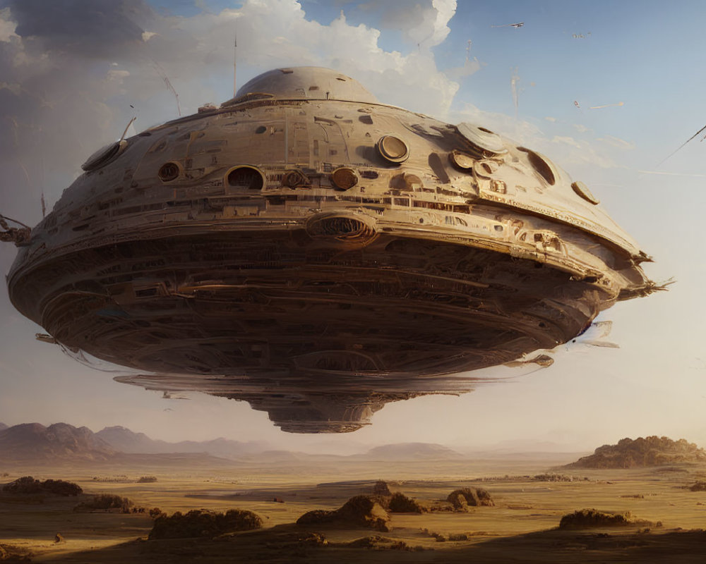 Detailed Spaceship Hovers Over Desert Landscape with Flying Crafts