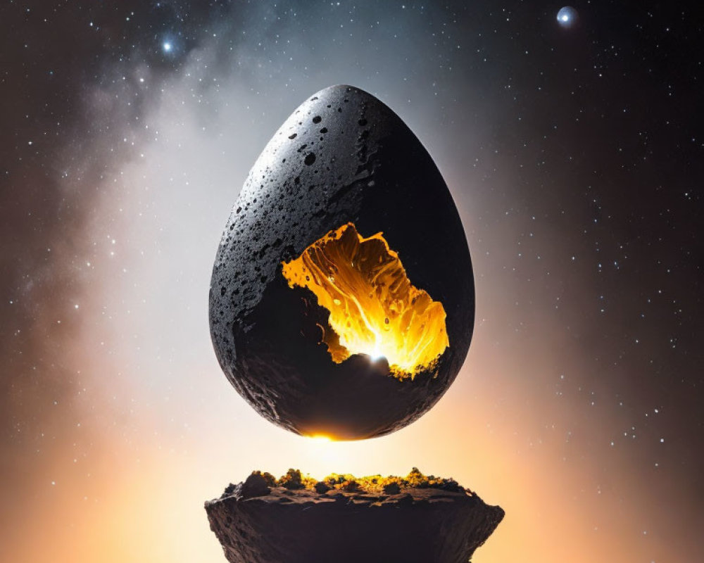 Cracked glowing egg-shaped rock floating in surreal landscape