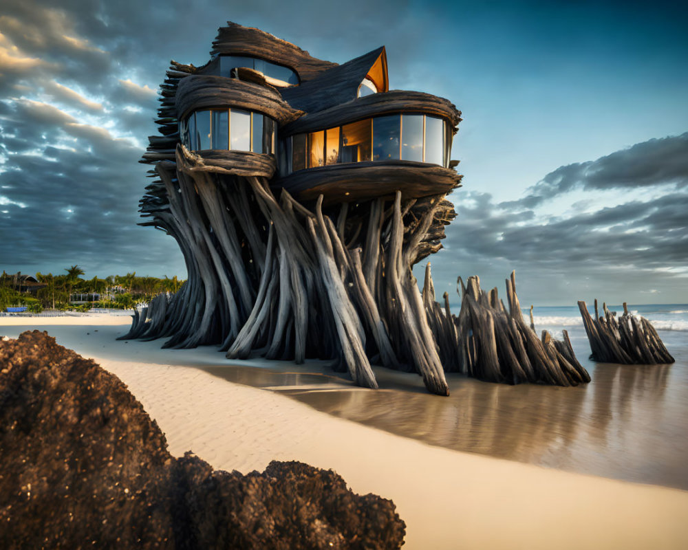 Twisted wooden beach house with large windows at sunset