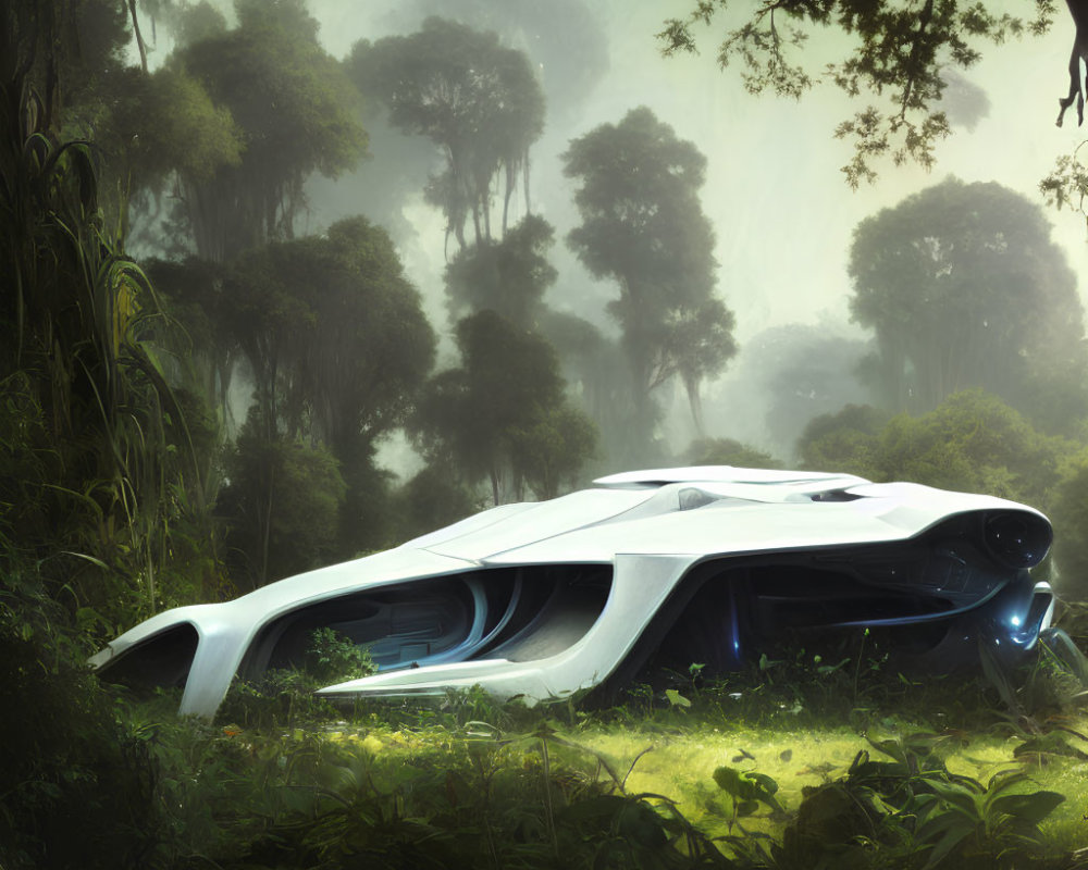 Sleek white car parked in misty forest clearing