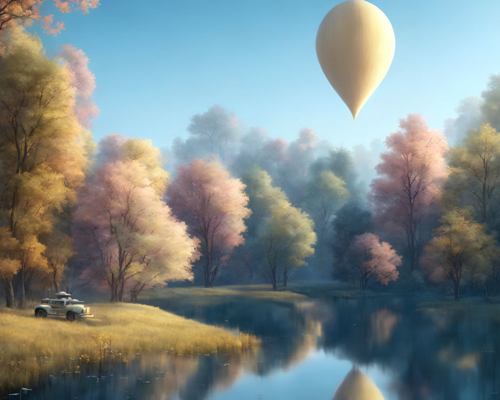 Tranquil autumn lake scene with hot air balloon and vintage car