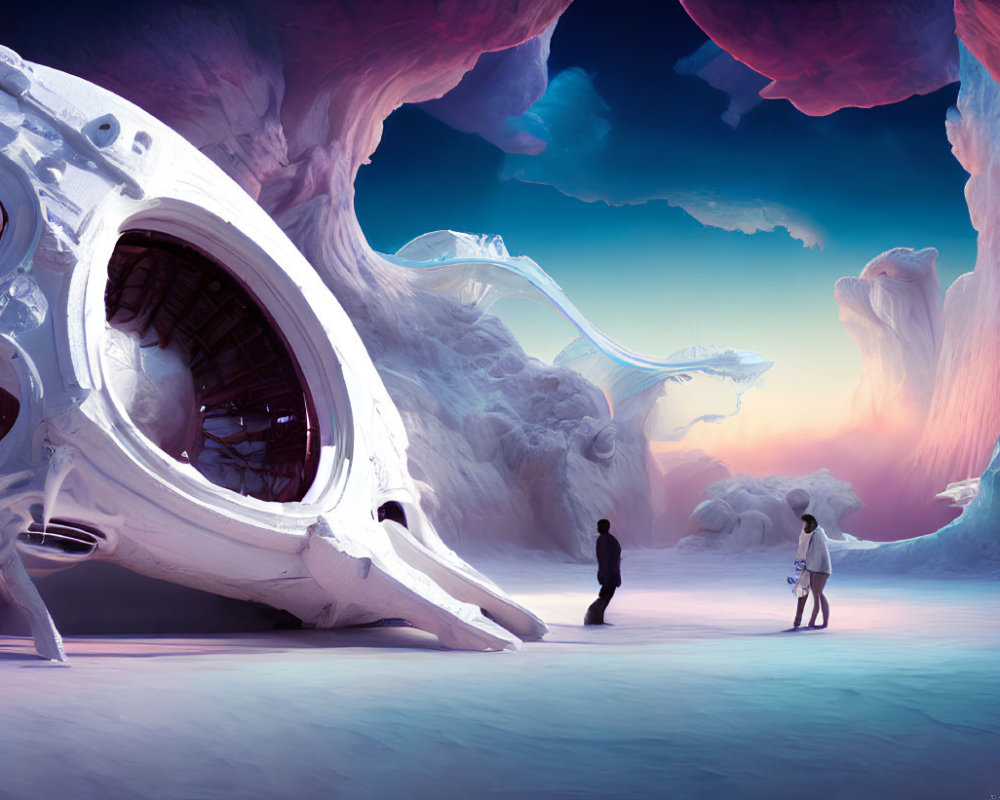 Futuristic white structure in icy terrain with two people.