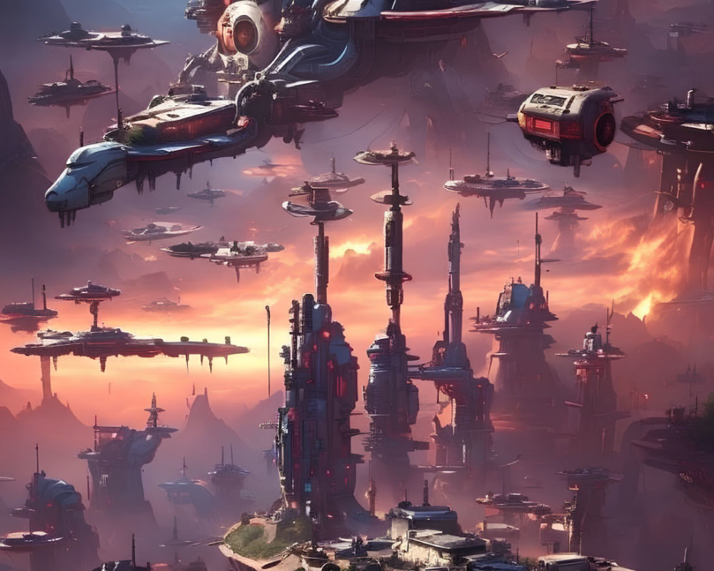 Futuristic cityscape with towering structures and floating vehicles at dusk