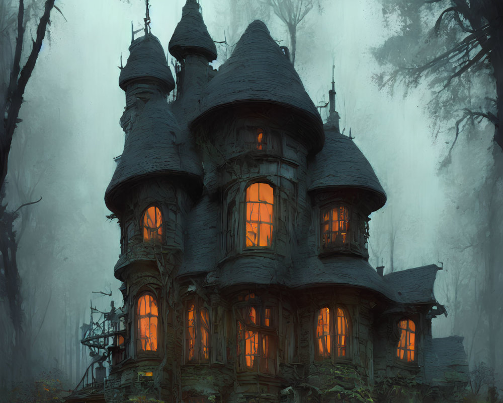 Misty forest landscape with eerie glowing house