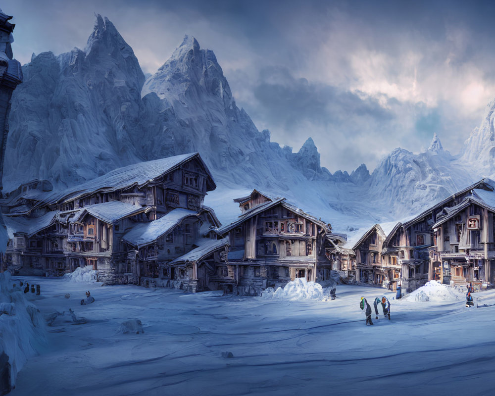 Twilight scene of snow-covered mountain village with traditional buildings and people walking