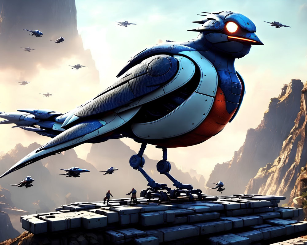Futuristic blue and orange robotic bird in rocky canyon landscape