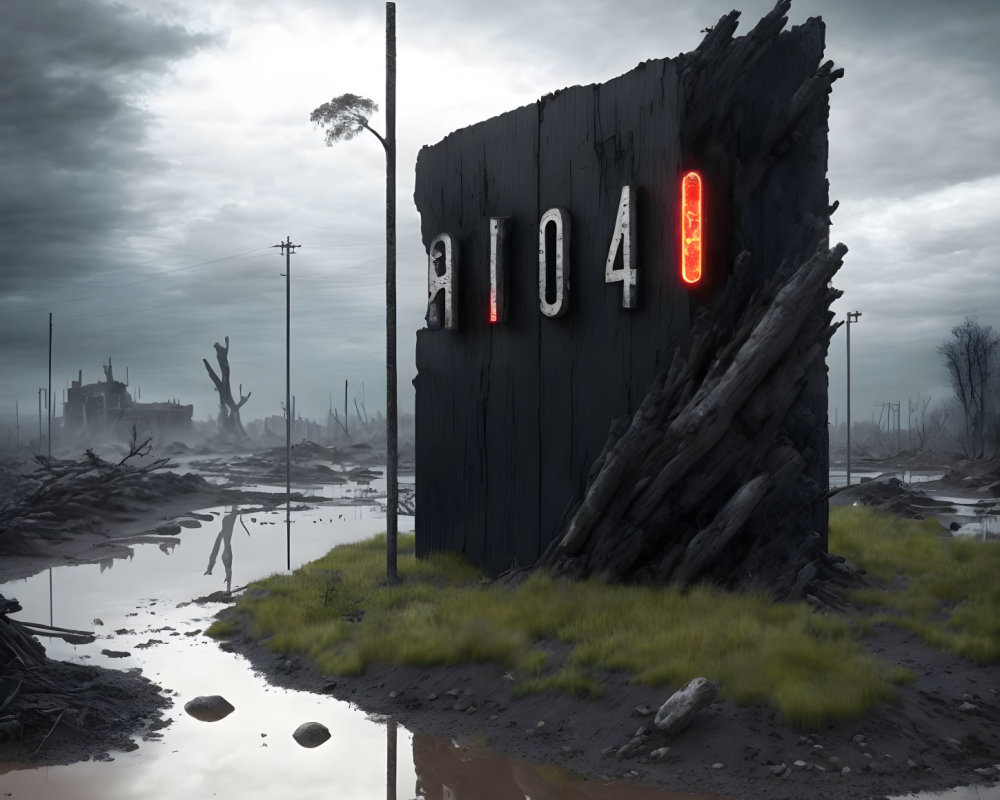 Dystopian landscape with tilted black neon "104" number board in barren setting