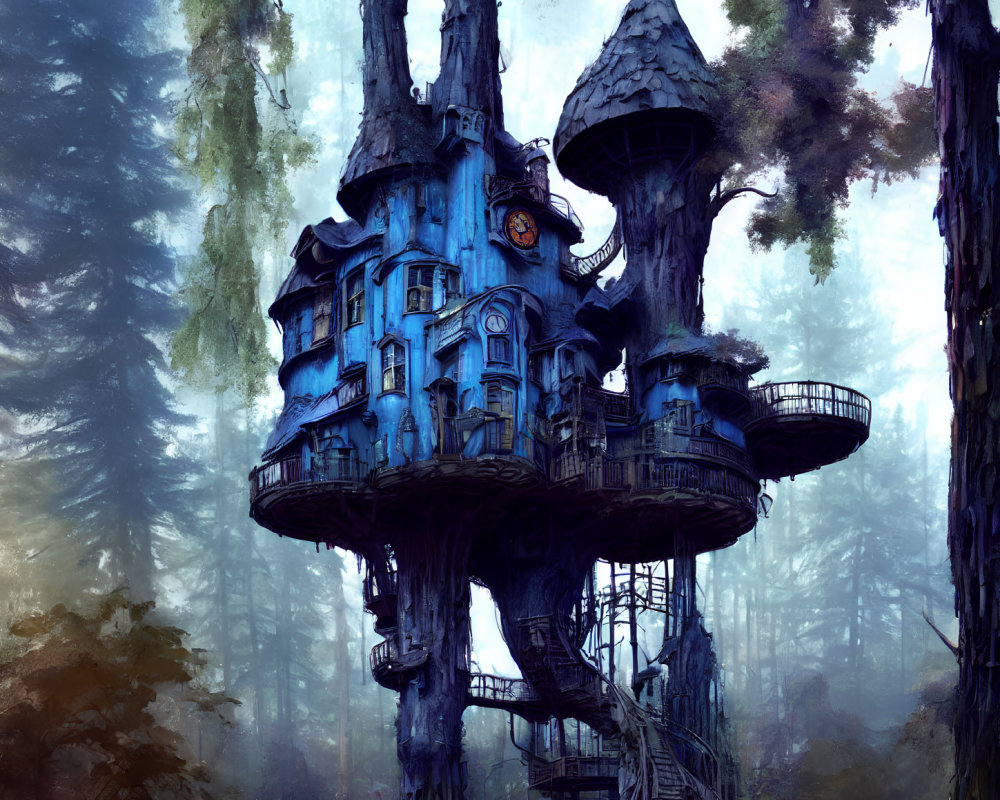Blue treehouse with towers & spiral staircases in misty forest