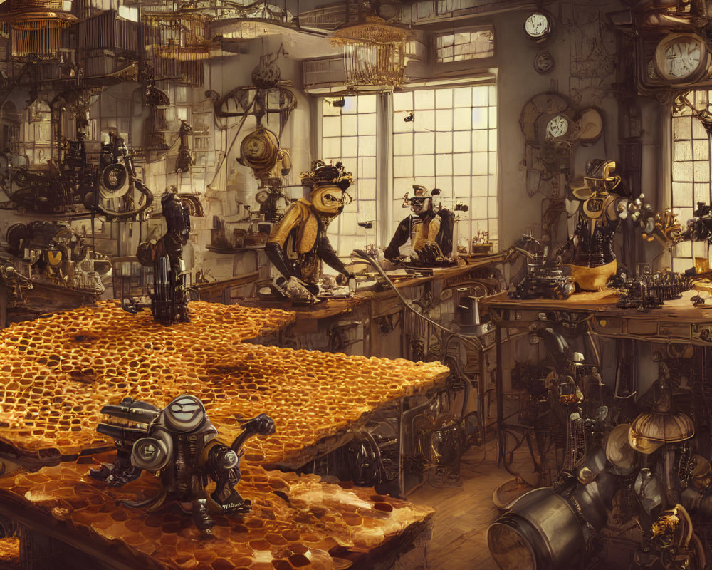 Steampunk workshop with robot animals and vintage machinery.
