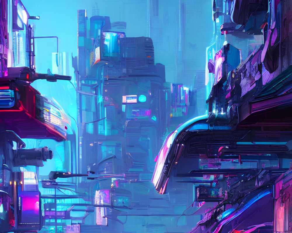 Futuristic cyberpunk cityscape with neon lights and towering buildings