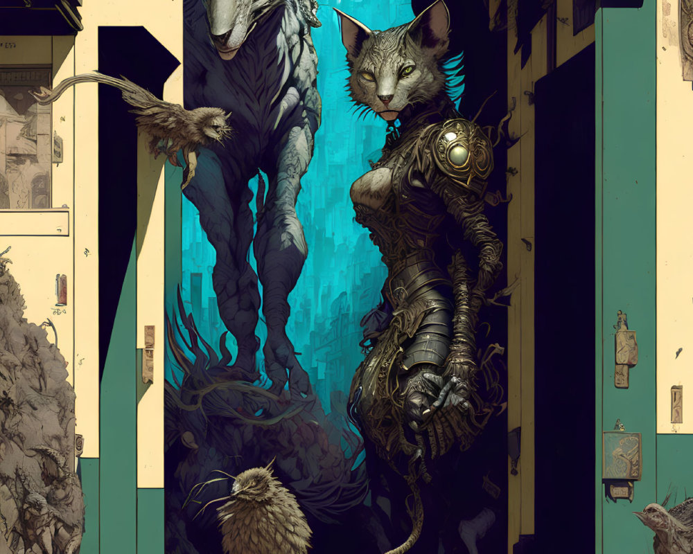 Futuristic anthropomorphic wolf and cat in cyber-enhanced alleyway
