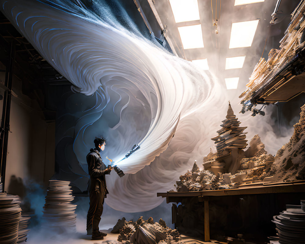 Person manipulating swirling vortex in workshop with sculpted towers.