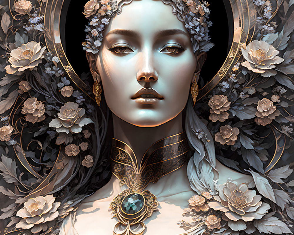 Digital artwork of serene woman with floral motifs, feathers, jewelry, and halo.