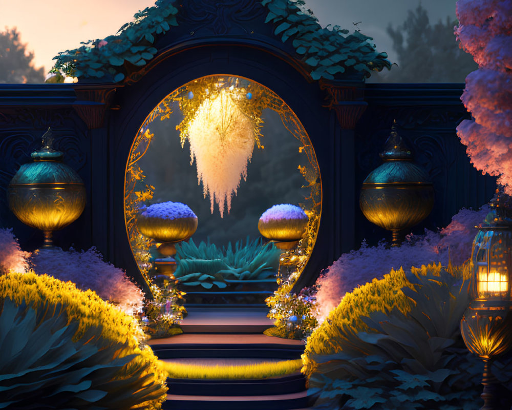 Ornate gate, glowing lanterns, reflective water in mystical garden