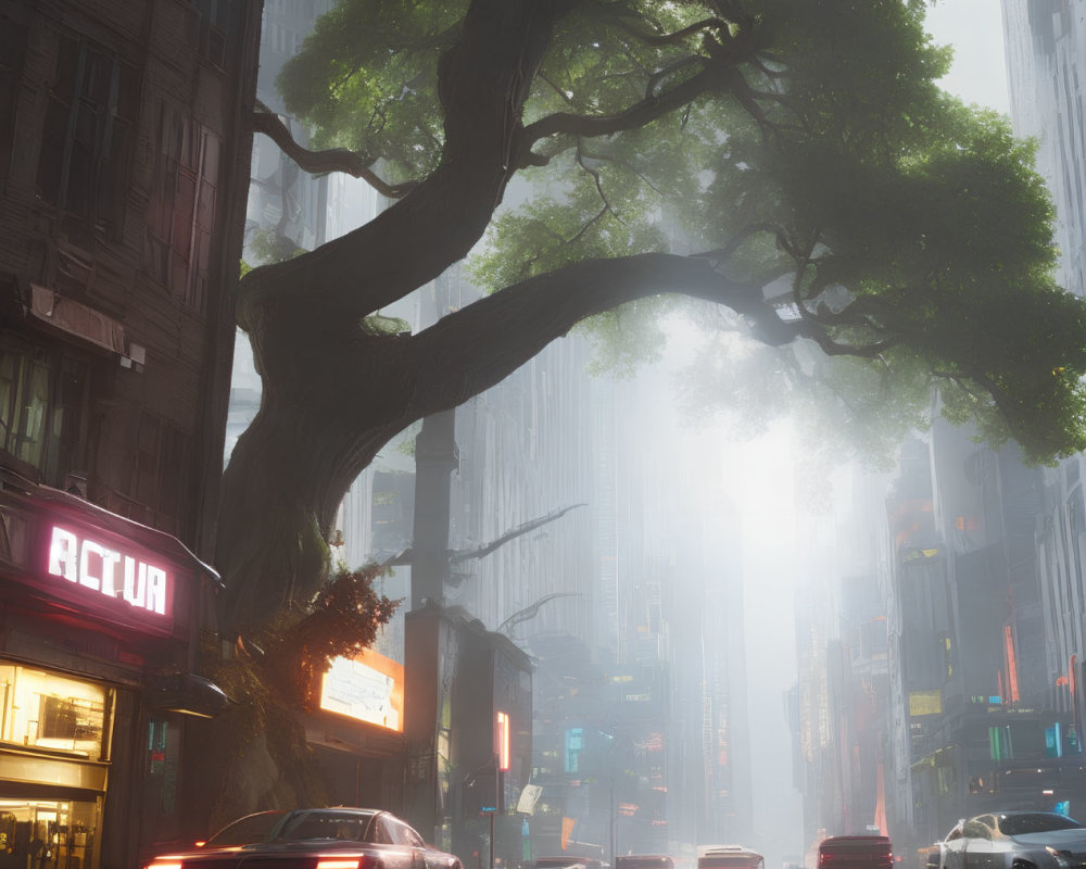 City street scene with large tree, wet roads, and neon signs