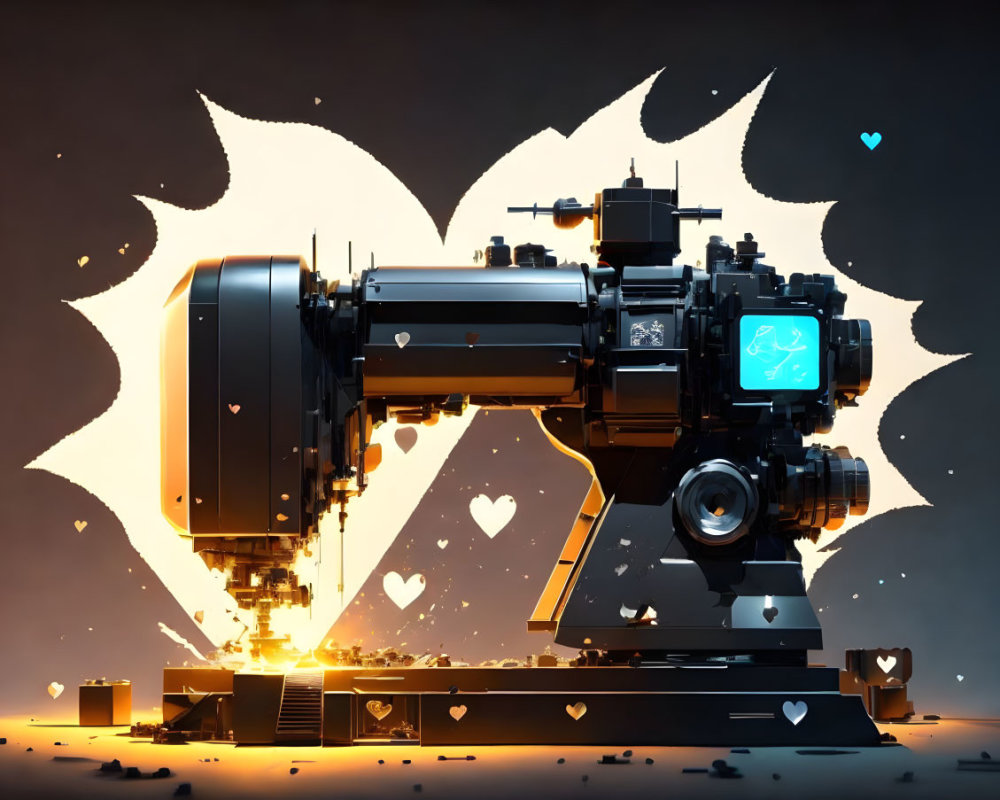 Futuristic camera with heart shapes on warm-toned background