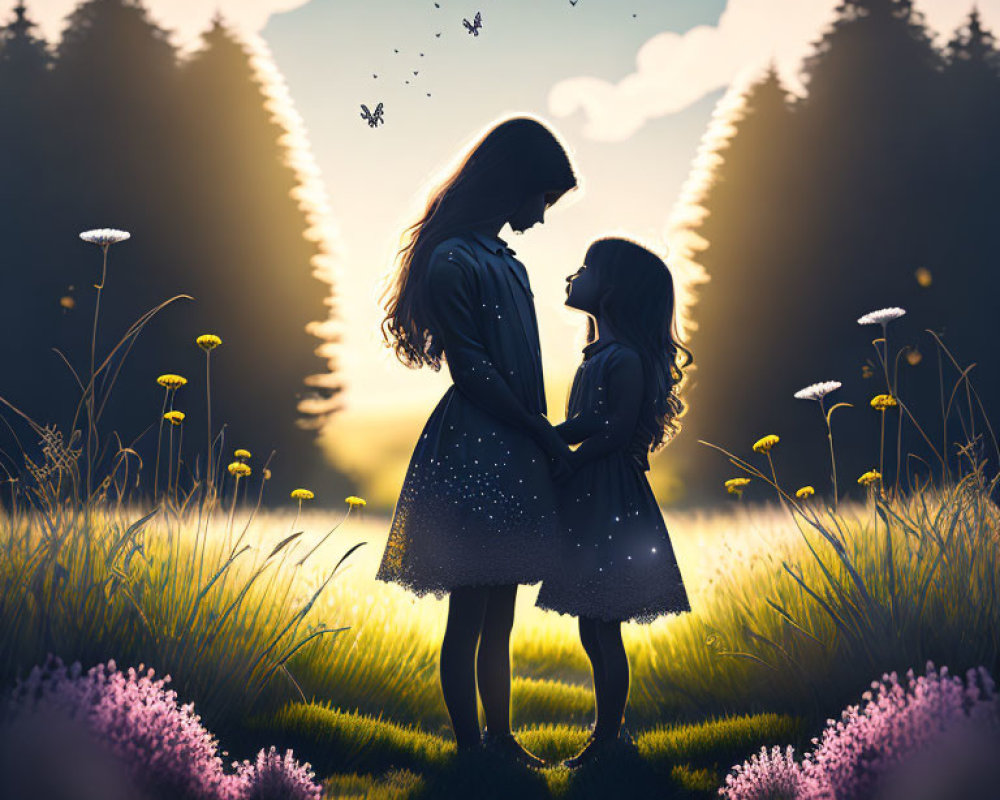 Silhouetted mother and child holding hands in magical meadow at sunset