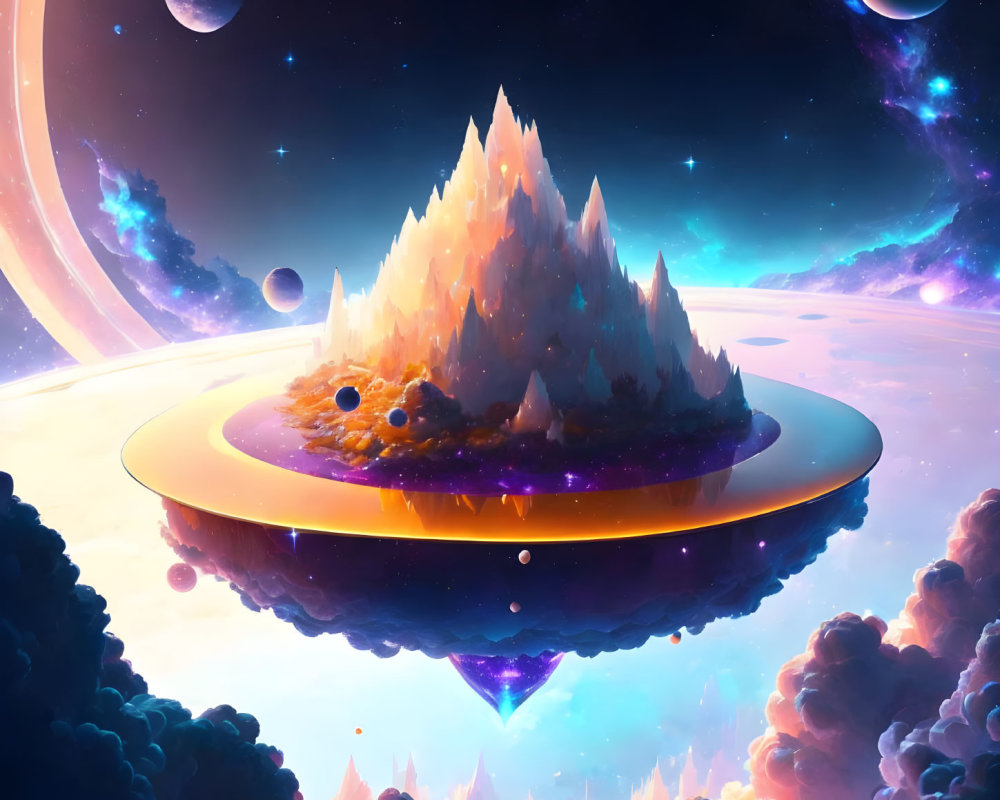Vibrant floating island on crystal base in celestial setting