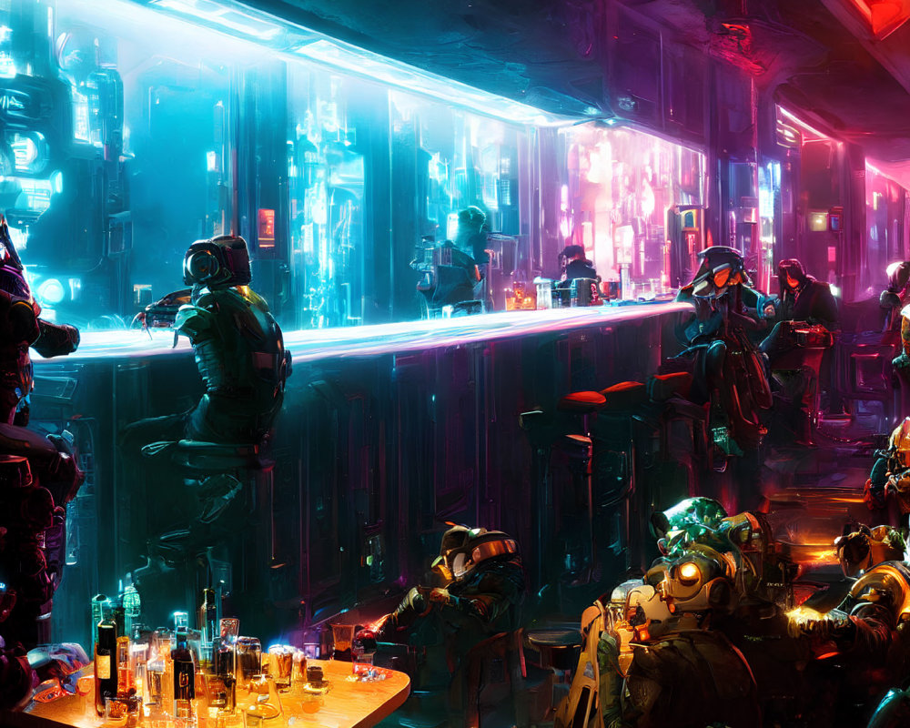 Futuristic neon-lit cyberpunk bar with high-tech decor and patrons in advanced suits