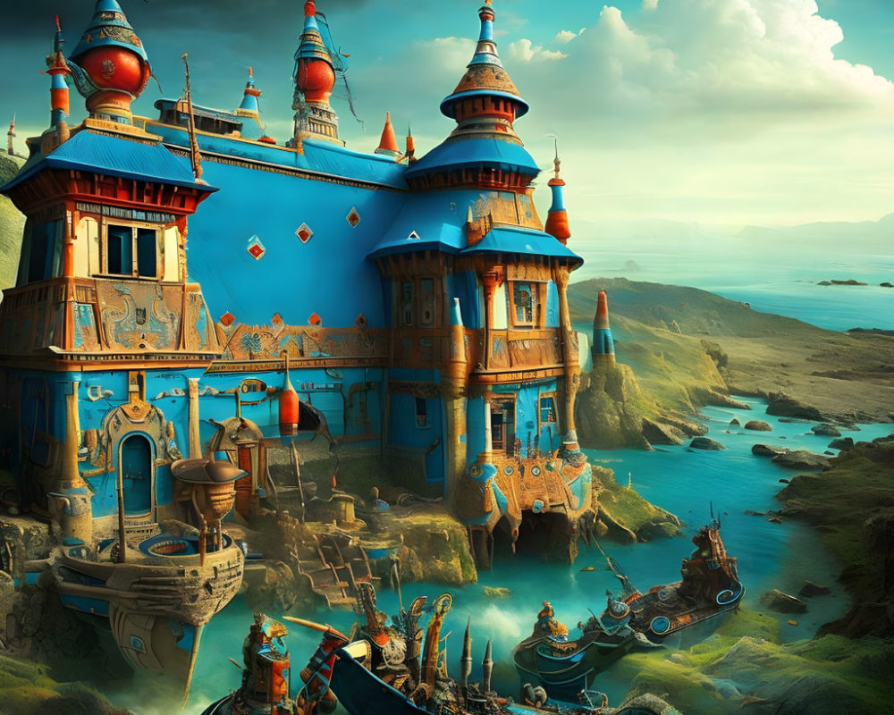 Fantasy illustration of blue castle on cliff by sea