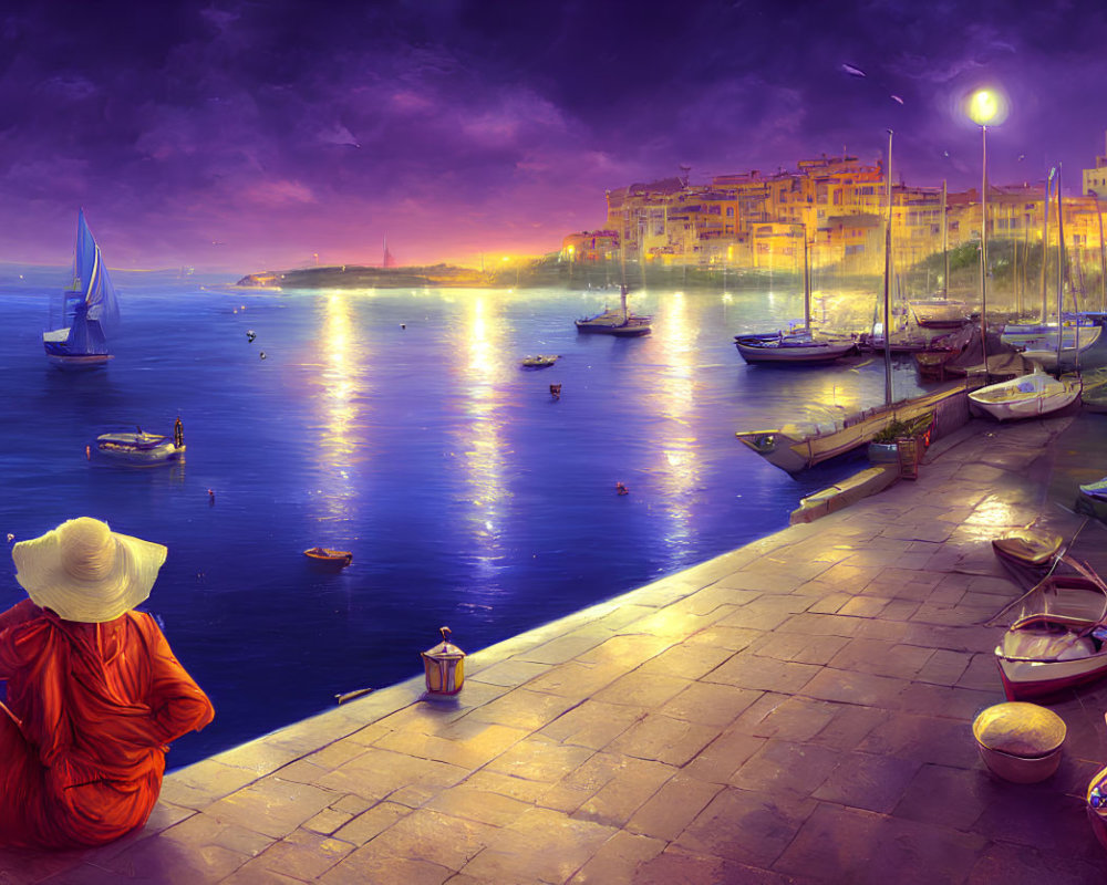 Person in red outfit watching sunset over city waterfront with boats on sea