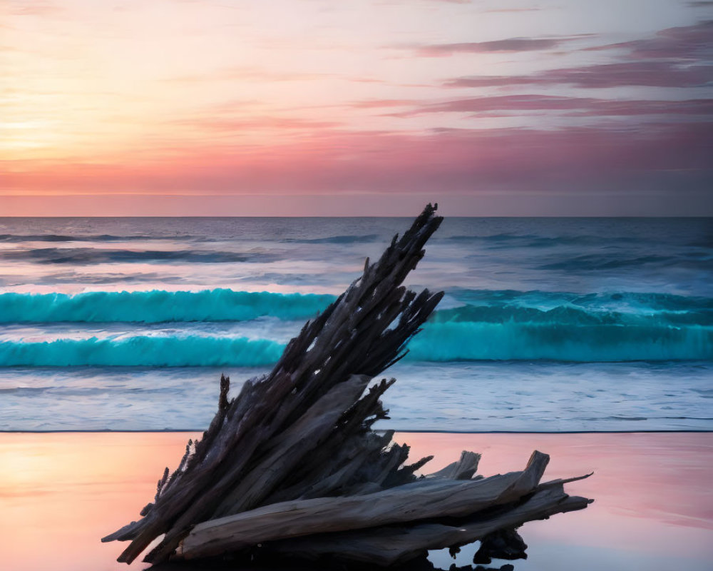Driftwood on Sandy Beach with Glowing Blue Waves