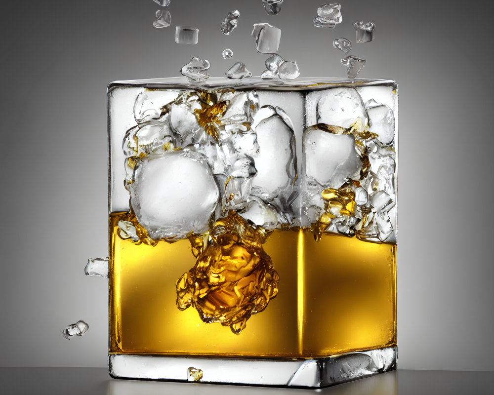 Whiskey Glass with Ice Cubes and Dynamic Splashes on Gray Gradient Background