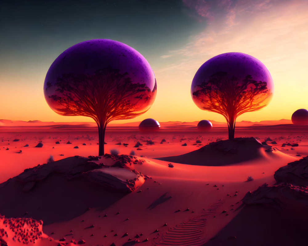 Surreal landscape with purple trees, red sand, and multiple suns in orange sky
