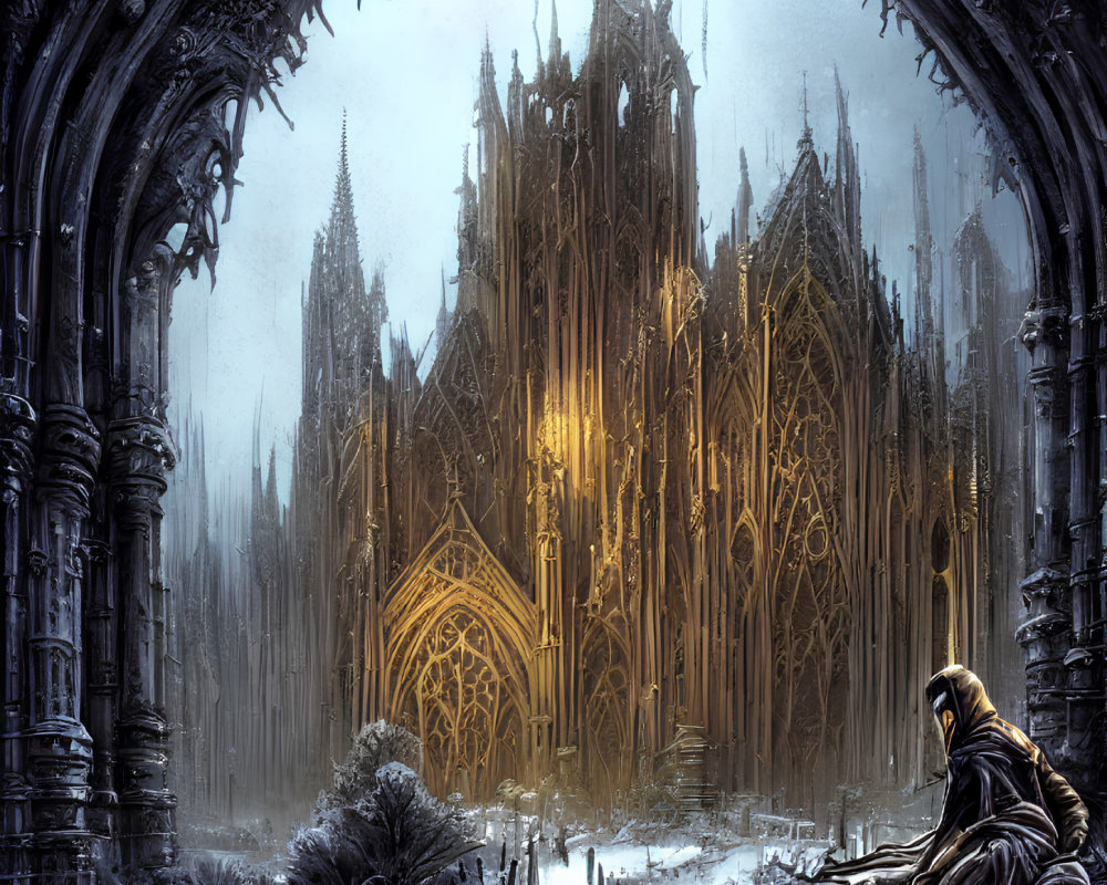 Solitary figure by ornate archway gazes at illuminated gothic cathedral in snowy twilight