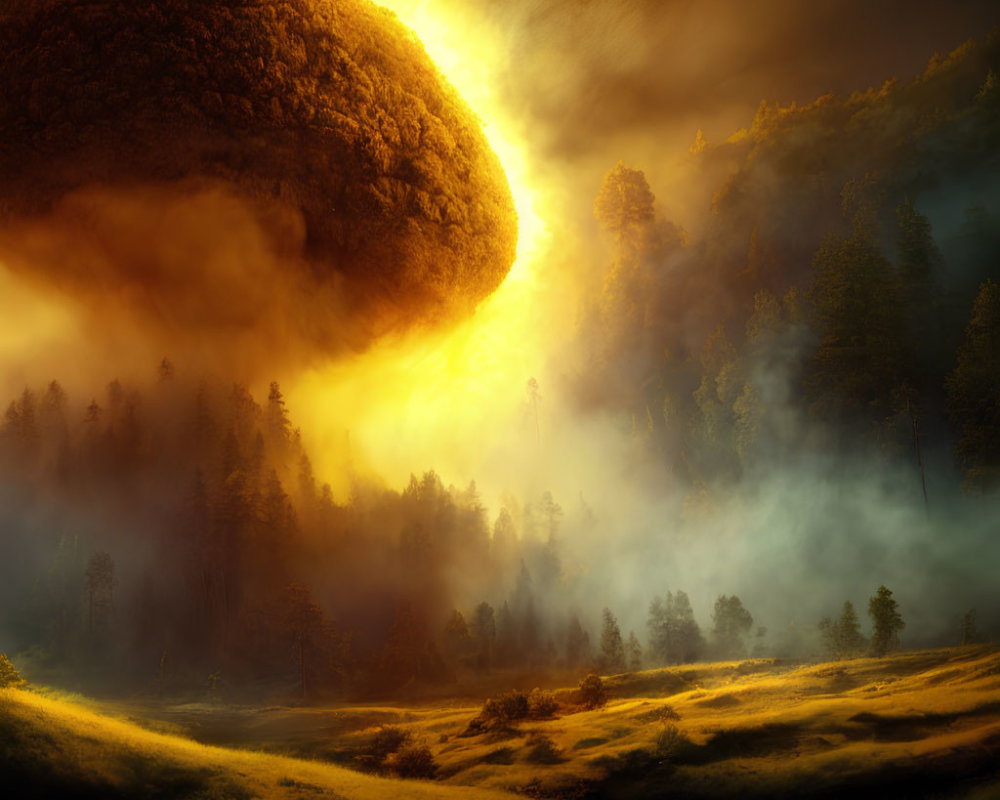 Mystical woodland scene with giant sun-like orb above forest