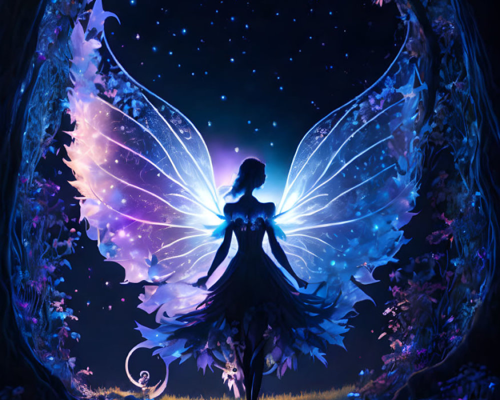 Silhouette of fairy with luminous wings in mystical forest landscape