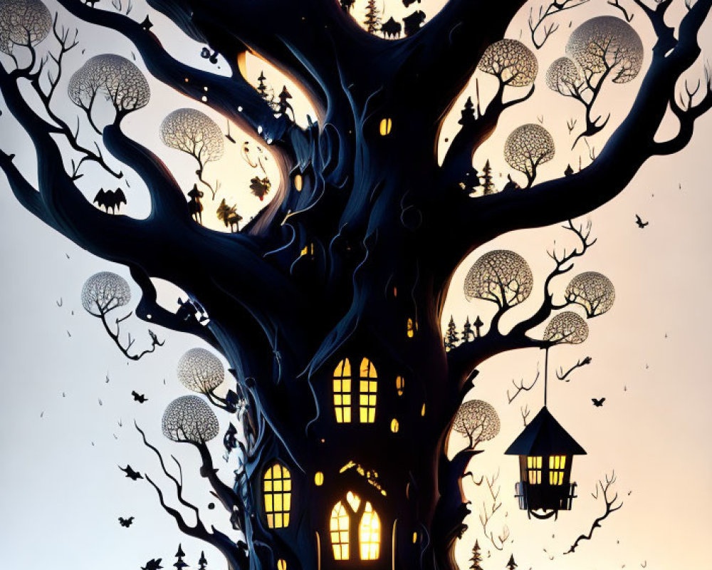 Detailed tree silhouette with animals, houses, and nature scenes backlit by warm glow.
