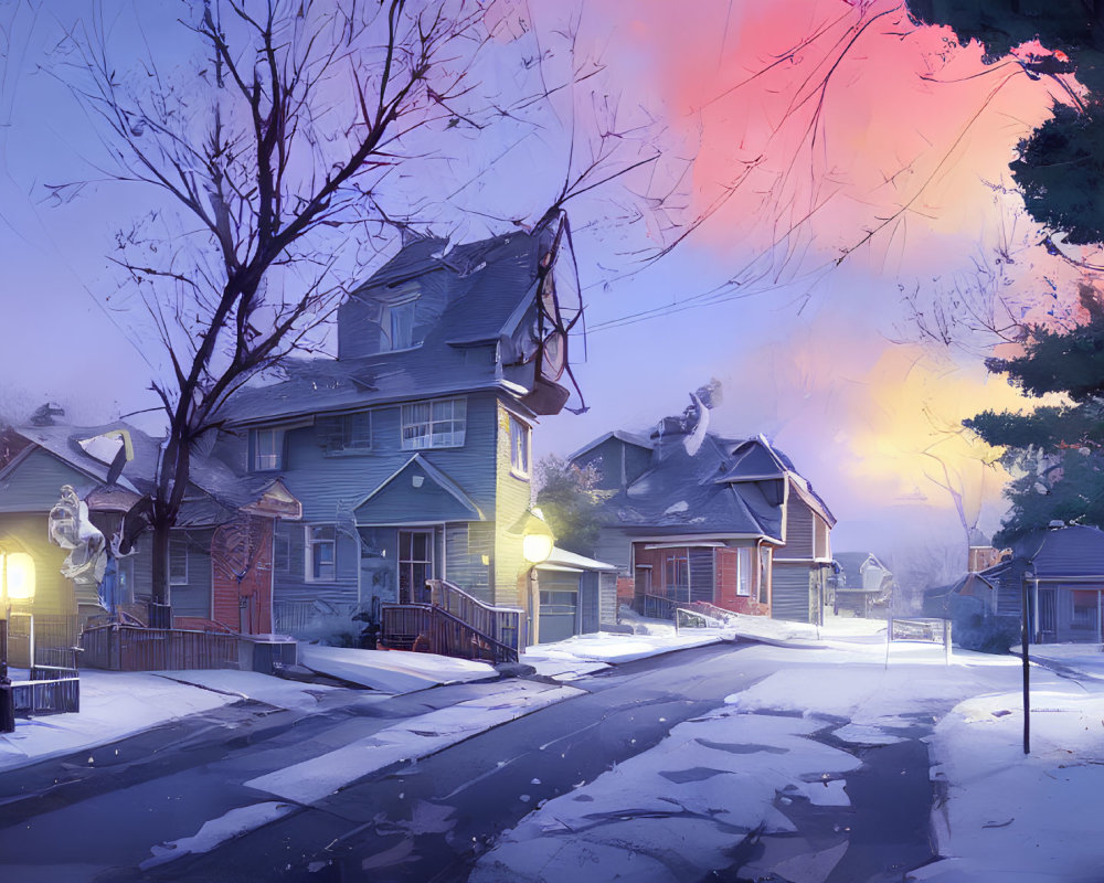 Snowy residential street at twilight with distinctive houses, bare trees, and vibrant sky.