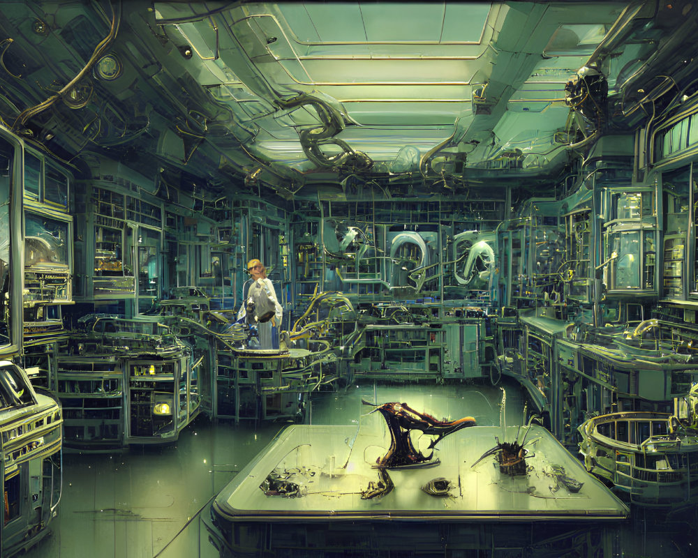 Futuristic laboratory with advanced equipment and cool blue lighting