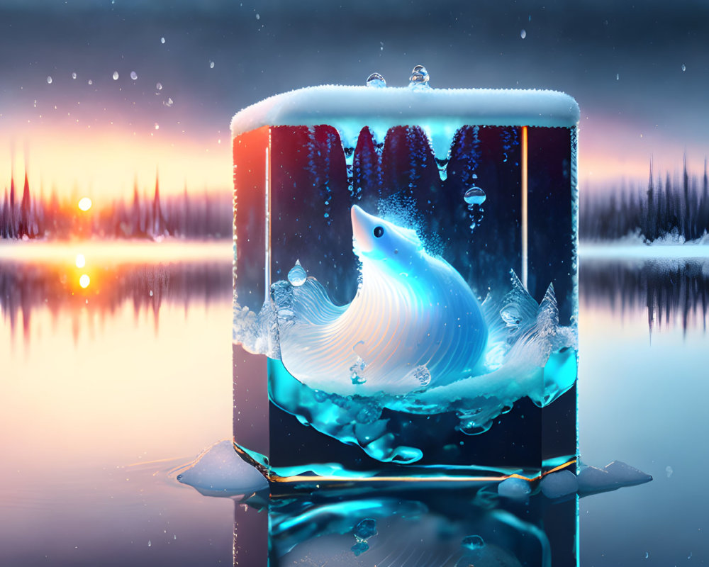 Whale leaping in cube on snowy lakeside at sunset