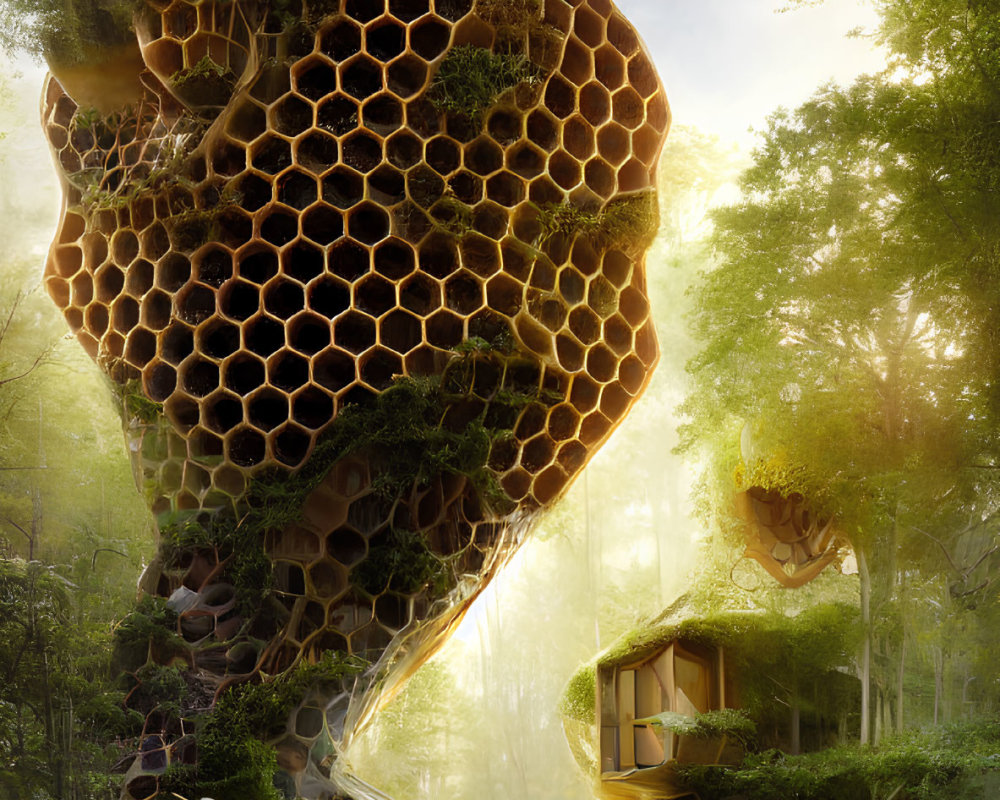 Surreal forest scene with giant honeycomb structure, floating houses, white bird, lush greenery