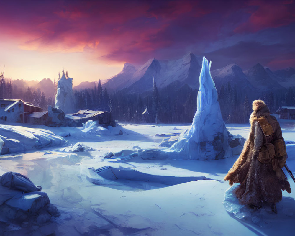 Figure in Fur Attire Facing Frozen Village and Mountains at Sunset