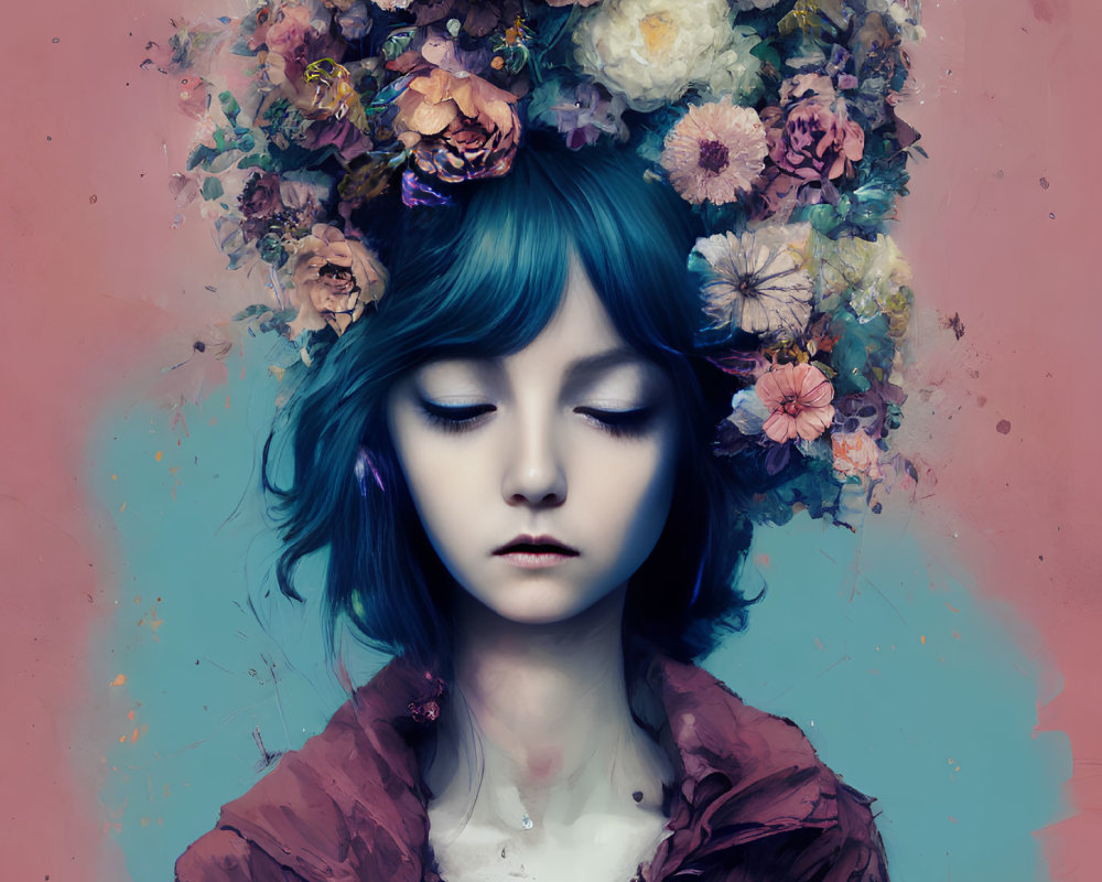 Portrait of a girl with blue hair and closed eyes, wearing a floral crown on pink and blue background