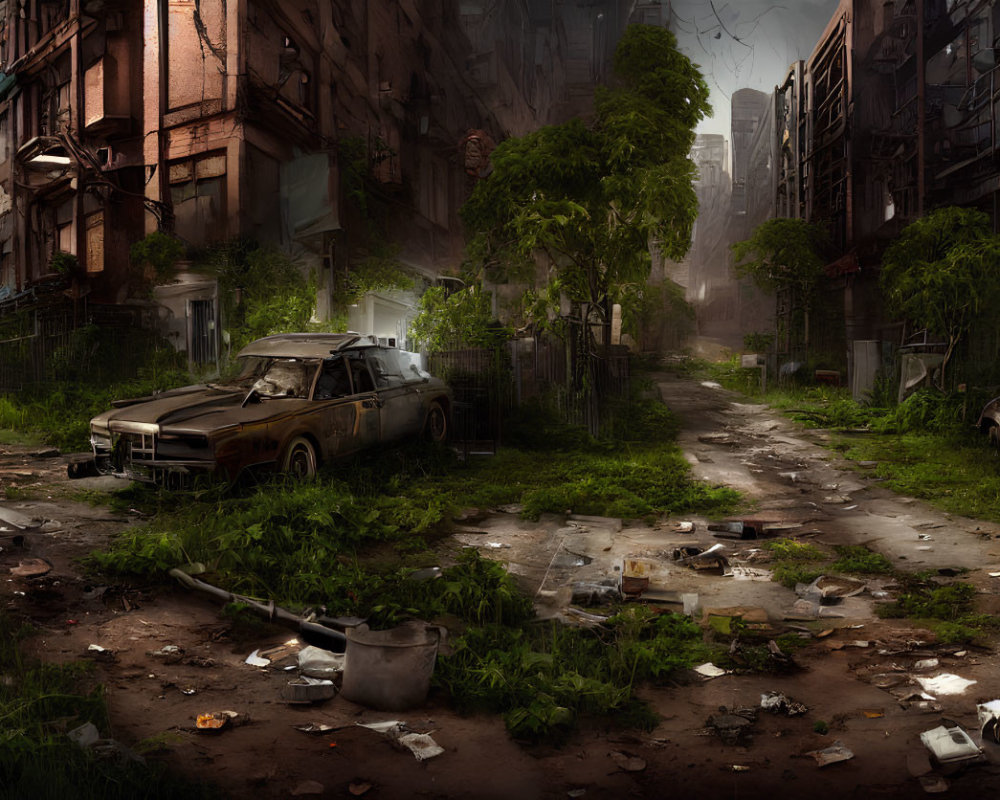 Post-apocalyptic scene with overgrown street, abandoned cars, debris, and decaying buildings under glo