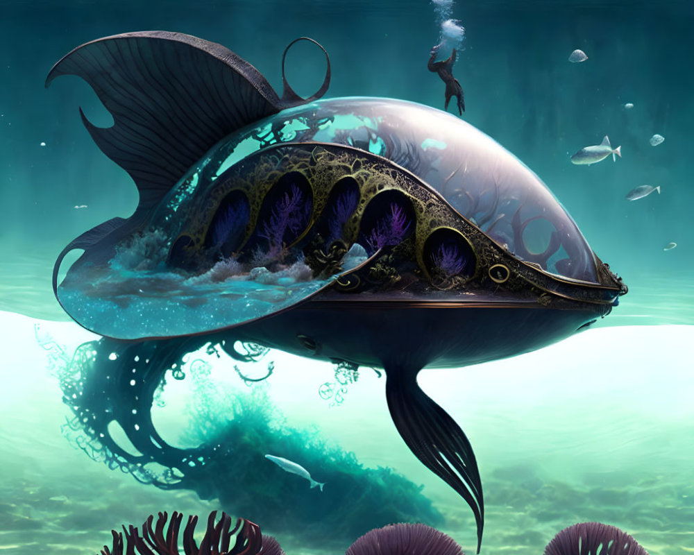 Vibrant underwater scene with fish-shaped submarine, marine life, and diver