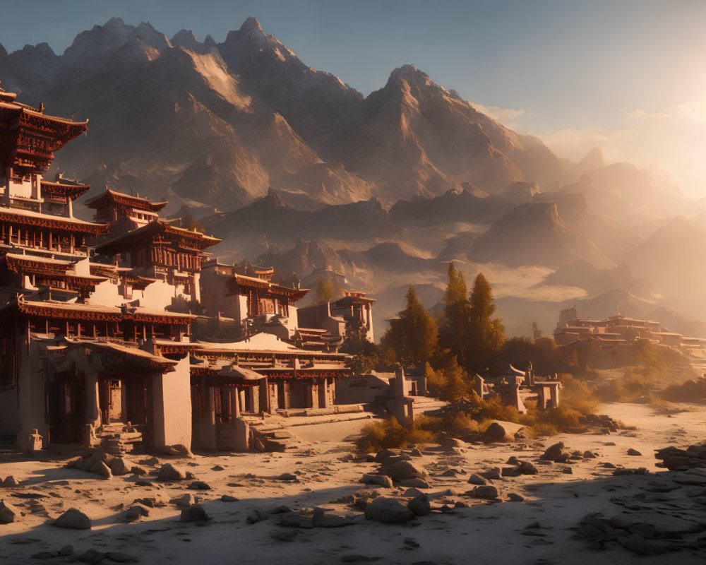 Traditional multi-tiered buildings in ancient village at foot of misty mountains at sunrise