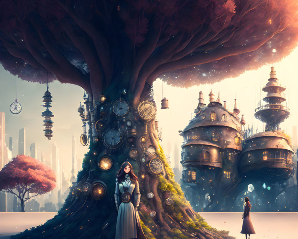 Fantasy scene: Two women under giant clock-adorned tree, floating islands and futuristic buildings at