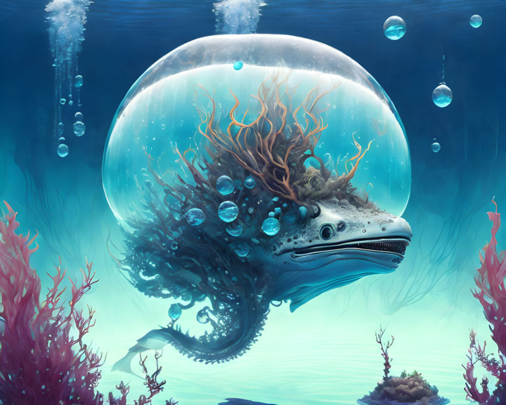 Whimsical underwater scene with whale-like creature and glass dome habitat