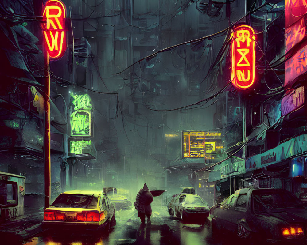 Rainy Cyberpunk Cityscape at Night with Neon Signs and Person Walking with Umbrella