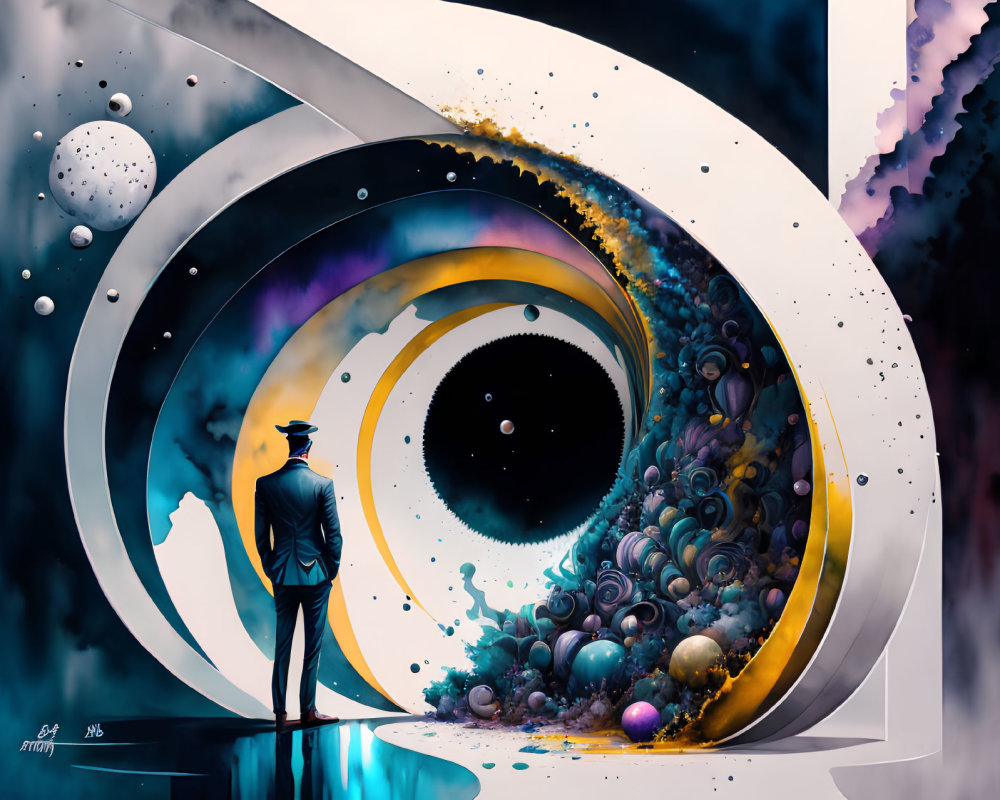 Silhouette person in front of swirling portal with vibrant blues and golds