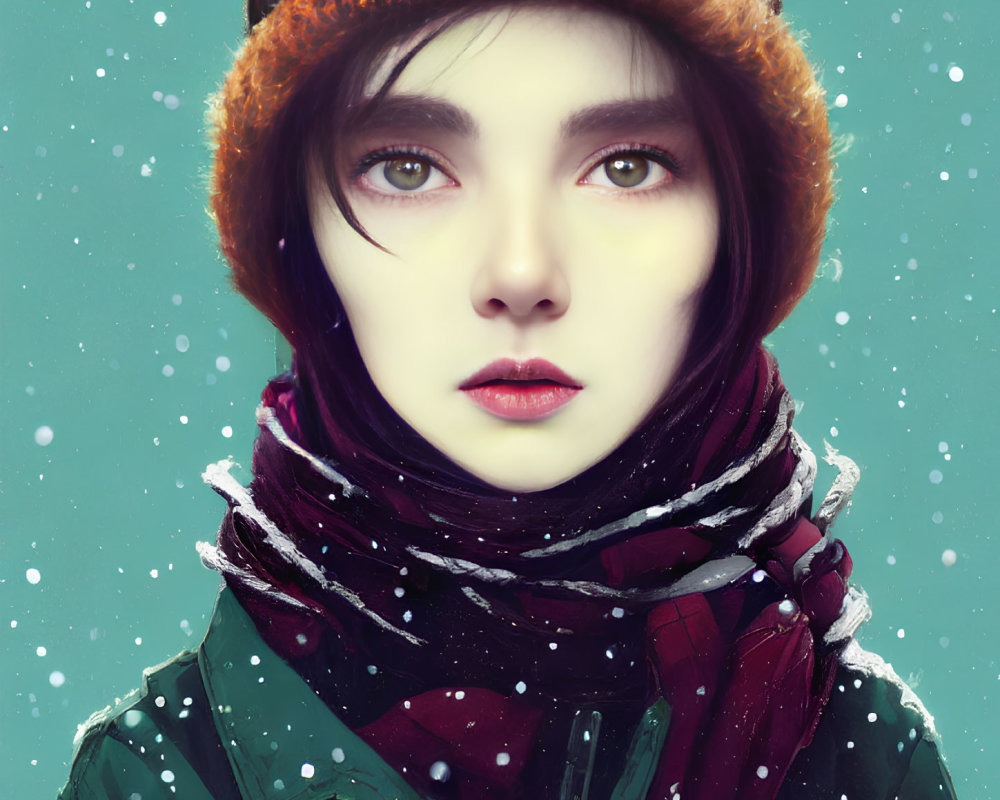 Digital portrait of person with pale skin, dark hair, hat, scarf, coat in snowfall,