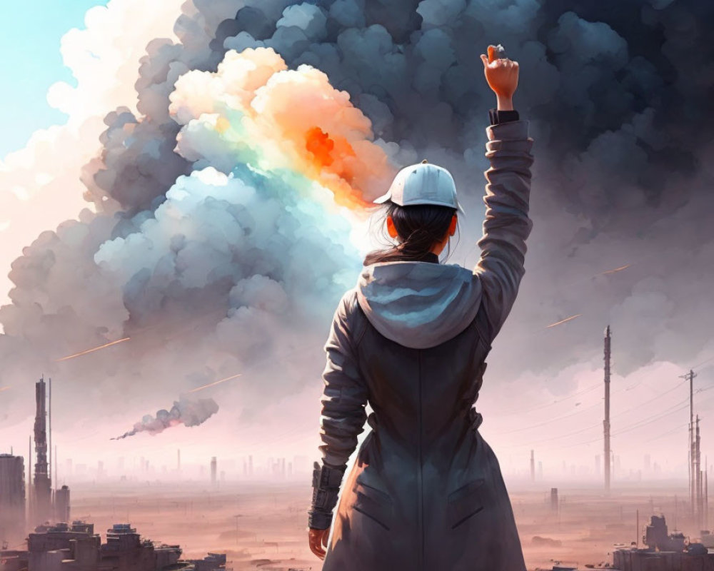 Raised fist person in front of colorful industrial landscape