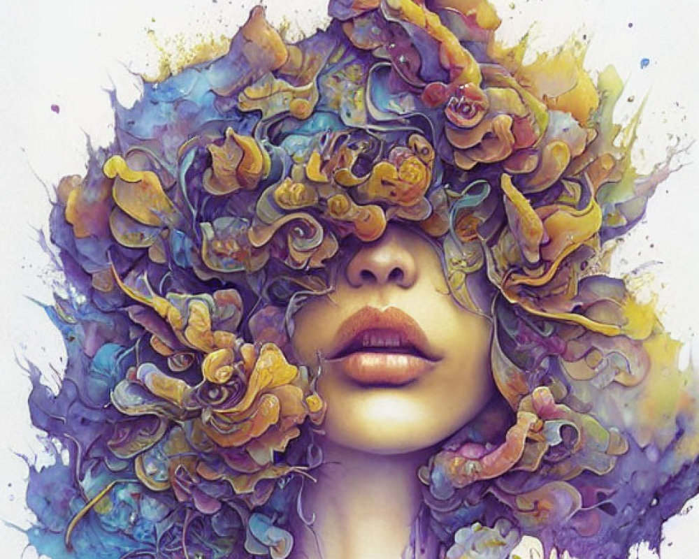 Colorful floral mane surrounding woman's face in vibrant artwork
